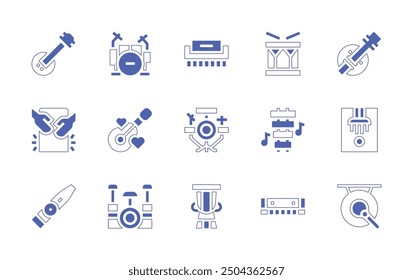 Instruments icon set. Duotone style line stroke and bold. Vector illustration. Containing harmonica, banjo, drum, cajon, drums, guitar, kalimba, drumkit, drumset, kazoo, xylophone, gong.