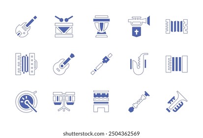 Instruments icon set. Duotone style line stroke and bold. Vector illustration. Containing flute, drum, bongo, accordion, trumpet, saxophone, guitar, electroacousticbass, djembe, huehuetl.