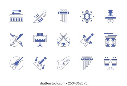 Instruments icon set. Duotone style line stroke and bold. Vector illustration. Containing drum, violin, tambourine, panflute, bongos, balalaika, piano, ocarina, rockandroll, trumpet.