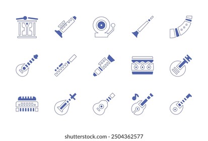 Instruments icon set. Duotone style line stroke and bold. Vector illustration. Containing drum, mandolin, flute, bell, shehnai, clarinet, guitar, drums, biwa, didjeridu, harmonica, lute, banjo, piccol