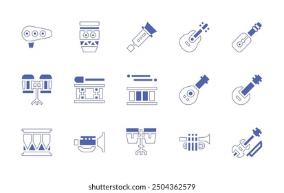 Instruments icon set. Duotone style line stroke and bold. Vector illustration. Containing drum, jazz, trumpet, lute, bongos, conga, ocarina, banjo, violin, guembri, chirimia, drums, guitar.