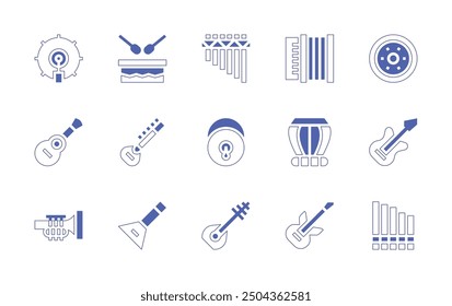 Instruments icon set. Duotone style line stroke and bold. Vector illustration. Containing drum, flute, saz, balalaika, electricguitar, gong, panpipe, accordion, sitar, brakedrum.