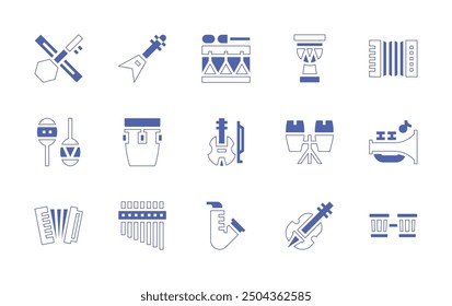 Instruments icon set. Duotone style line stroke and bold. Vector illustration. Containing djembe, bongos, saxophone, accordion, conga, drum, violin, panflute, electricguitar, trumpet.