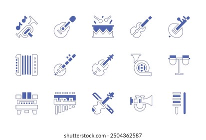 Instruments icon set. Duotone style line stroke and bold. Vector illustration. Containing doublebass, piano, drum, accordion, fiddle, panflute, banjo, spanishguitar, trumpet.