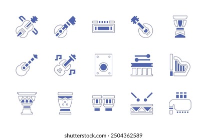 Conjunto de iconos de Instrumentos. Estilo duotono trazo de línea y negrita. Ilustración vectorial. Contiene tambor, banjo, armónica, arpa, gaita, cajón, bouzouki, guitarra, violín.