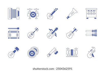 Instruments icon set. Duotone style line stroke and bold. Vector illustration. Containing drumset, rhaita, drumkit, cymbal, sitar, guitar, saxophone, drumsticks, violin, zither, huehuetl, mandolin.