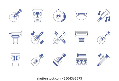 Conjunto de iconos de Instrumentos. Estilo duotono trazo de línea y negrita. Ilustración vectorial. Contiene djembe, fanfarria, guitarra, clarinete, oud, laúd, darbuka, flauta, violín, platillos, timbales, tambor, percusión.