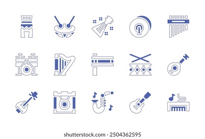 Conjunto de iconos de Instrumentos. Estilo duotono trazo de línea y negrita. Ilustración vectorial. Contiene platillo, cavaquinho, melódica, tambor, matraca, balalaika, zampona, tambores, gong, laúd, saxofón, arpa.