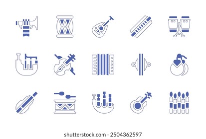 Instruments icon set. Duotone style line stroke and bold. Vector illustration. Containing cymbals, harmonica, accordion, guitar, drum, oud, bagpipes, dulcimer, dholak, bagpipe, violin, trumpet.