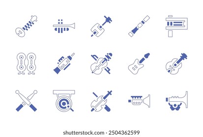 Instruments icon set. Duotone style line stroke and bold. Vector illustration. Containing bassguitar, trumpet, didgeridoo, matraca, guitar, oboe, violin, shamisen, gong.