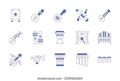 Instruments icon set. Duotone style line stroke and bold. Vector illustration. Containing chime, violin, gong, lute, didgeridoo, cajon, sitar, djembe, trumpet, banjo, organ, maracas, tenordrum.