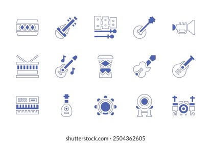 Instruments icon set. Duotone style line stroke and bold. Vector illustration. Containing banjo, taiko, guitar, biwa, trumpet, tambourine, xylophone, djembe, drum, lute.