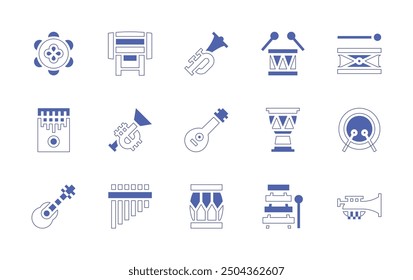 Instruments icon set. Duotone style line stroke and bold. Vector illustration. Containing africandrums, mandolin, trumpet, guitar, drum, xylophone, panflute, tambourine, kalimba, beduk.