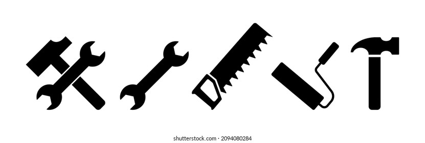 Instruments icon set. Hammer saw roller shovel. Vector line icon for Business and Advertising.