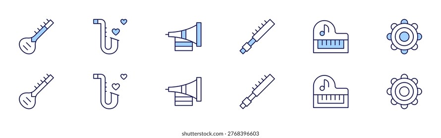 Instruments icon set in two styles, Duotone and Thin Line style. Editable stroke. sitar, saxophone, vuvuzela, piccolo, playingmusic, tambourine.