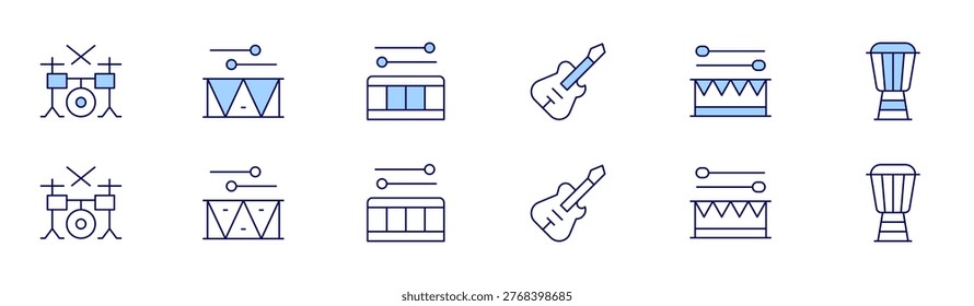 Instruments icon set in two styles, Duotone and Thin Line style. Editable stroke. drumset, drum, electricguitar.