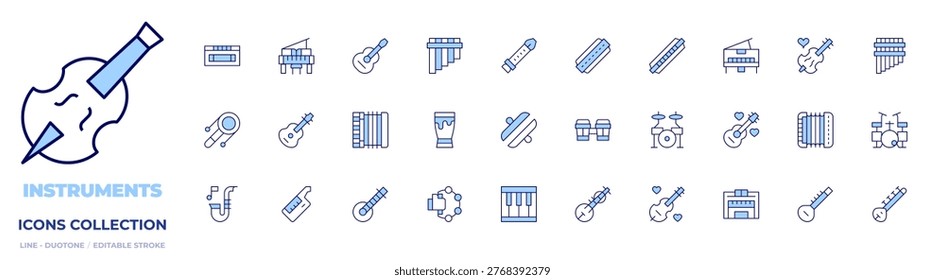 Instruments icons collection. Line Duotone style, editable stroke. guitar, harmonica, violin, flute, grandpiano, accordion, bongos, dendendaiko, drum, drumset, zills.