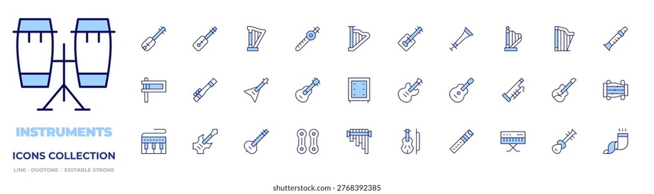 Instruments icons collection. Line Duotone style, editable stroke. guembri, harp, flute, cane, cajon, bassoon, electricguitar, matraca, guitar, koto, synthesizer, quena.