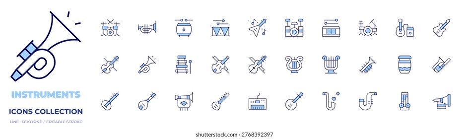 Instruments icons collection. Line Duotone style, editable stroke. drumset, drum, electricguitar, trumpet, violin, xylophone, lyre, trombone, sitar, saxophone, zither.