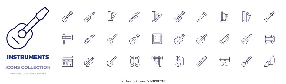 Instruments icons collection. Thin Line icons, editable stroke. guembri, harp, flute, cane, cajon, bassoon, electricguitar, matraca, guitar, koto, synthesizer, quena.