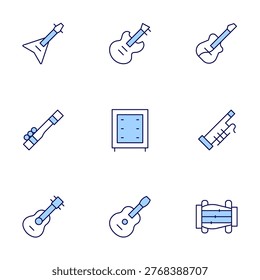 Instruments icons set. Line Duotone style, editable stroke. cane, cajon, bassoon, electricguitar, guitar, koto.