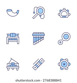 Instruments icons set. Line Duotone style, editable stroke. shofar, rattledrum, tambourine, piano, siku, rattle, recoreco.