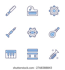 Instruments icons set. Line Duotone style, editable stroke. piccolo, playingmusic, tambourine, sopila, pipa, piano, snaredrum, trumpet.
