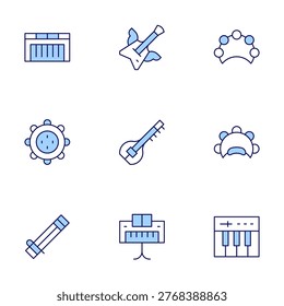 Instruments icons set. Line Duotone style, editable stroke. piano, rockandroll, tambourine, sitar, valiha.