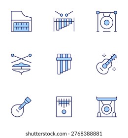 Instruments icons set. Line Duotone style, editable stroke. harpsichord, marimba, gong, hihat, panflute, guitar, kalimba.