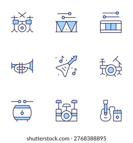 Instruments icons set. Line Duotone style, editable stroke. drumset, drum, trumpet, electricguitar.