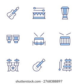 Instruments icons set. Line Duotone style, editable stroke. electricguitar, drum, drumset, xylophone.