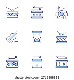 Instruments icons set. Line Duotone style, editable stroke. drum, drums, electricguitar.