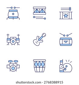 Instruments icons set. Line Duotone style, editable stroke. drum, drums, electricguitar, drumset, drummer.