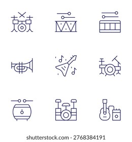 Instruments icons set. Thin Line style, editable stroke. drumset, drum, trumpet, electricguitar.