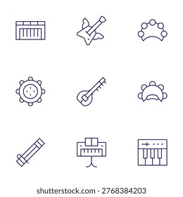 Instruments icons set. Thin Line style, editable stroke. piano, rockandroll, tambourine, sitar, valiha.