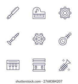 Instruments icons set. Thin Line style, editable stroke. piccolo, playingmusic, tambourine, sopila, pipa, piano, snaredrum, trumpet.