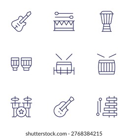Instruments icons set. Thin Line style, editable stroke. electricguitar, drum, drumset, xylophone.