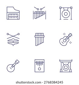 Instruments icons set. Thin Line style, editable stroke. harpsichord, marimba, gong, hihat, panflute, guitar, kalimba.