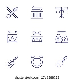 Instruments icons set. Thin Line style, editable stroke. drum, erhu, drums, kabosy, lyre.