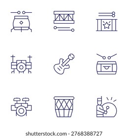 Instruments icons set. Thin Line style, editable stroke. drum, drums, electricguitar, drumset, drummer.