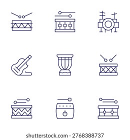 Instruments icons set. Thin Line style, editable stroke. drum, drums, electricguitar.