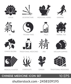 Instruments, medical supplies and symbols of oriental medicine. flat vector illustration.