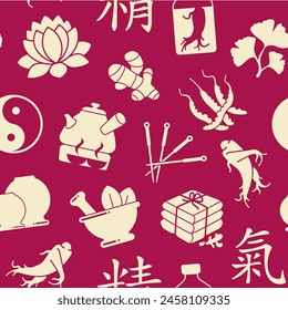 Instruments, medical supplies and symbols of oriental medicine. Seamless vector background