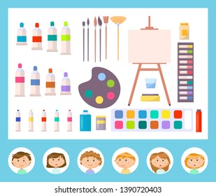 Instruments for painting and different brushes, canvas and other tools in cartoon style, paint art. Stickers decorated by round icons with smiling kids vector