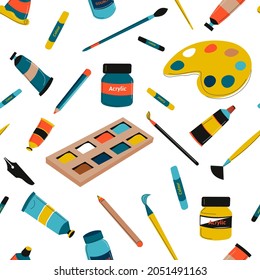 Instruments and painting tools, drawing and art classes. Palette and tube with pigment and dye, pencils and pens, acrylic and watercolor, gouache and oil. Vector in flat style seamless pattern