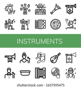 instruments simple icons set. Contains such icons as Singing, Music, Bass guitar, Singer, DJ, Accordion, Trumpet, Surgical tray, Double bass, can be used for web, mobile and logo