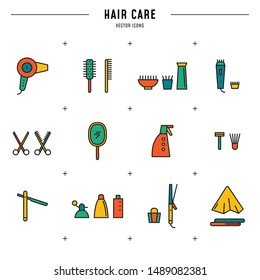 Instruments for styling and haircut. Set of vector icons in line style with flat color. Hair dryer, hairbrush, clipper, scissors, sprayer, razor, hair curler, mirror, shampoo, shaving tools, towels.