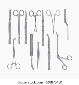 Instruments of surgeon isolated on white background. Medical tools vector collection.