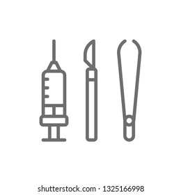 Instruments for surgery, medical scalpel, tweezers, clamp and syringe line icon.