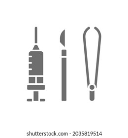 Instruments for surgery, medical scalpel, tweezers, clamp and syringe grey icon.